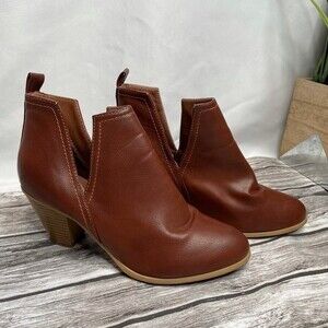 Women’s Cognac Faux Leather Exposed Ankle Booties Stacked Block Heel 8.5